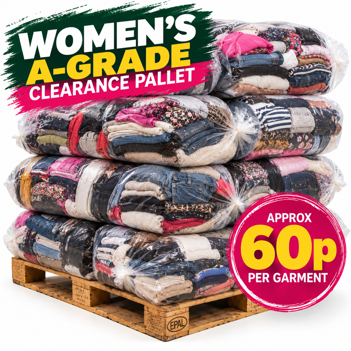 100kg Women’s A Grade wholesale second-hand clothing clearance pallet, approximately 60p per garment.
