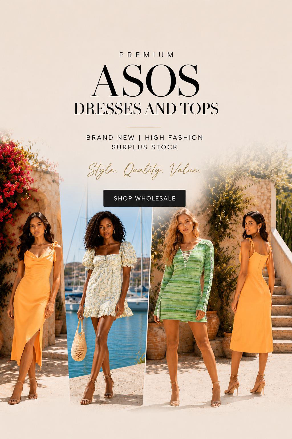 Promotional image of ASOS dresses and tops with models in various outfits against scenic backdrops.