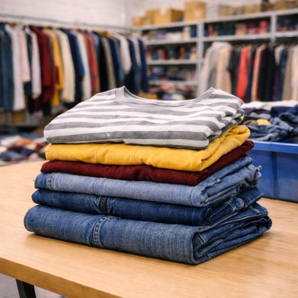 Stack of folded jeans and shirts on a table with clothing racks in the background
