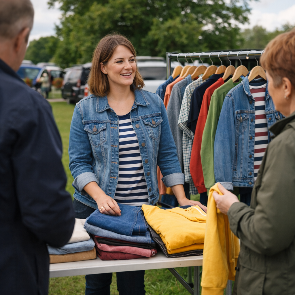 Woman in a denim jacket standing behind a table with folded clothes, interacting with two other people outdoors.
