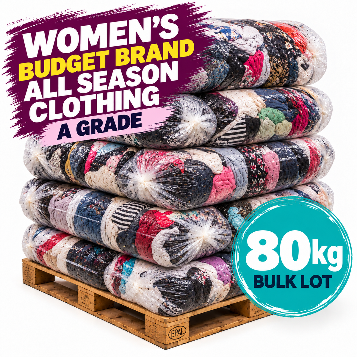 A large stack of bundled clothing on a wooden pallet, with promotional text reading 'WOMEN'S BUDGET BRAND ALL SEASON CLOTHING A GRADE' and '80kg BULK LOT'. The bundles are wrapped in clear plastic and show many different garment colors.
