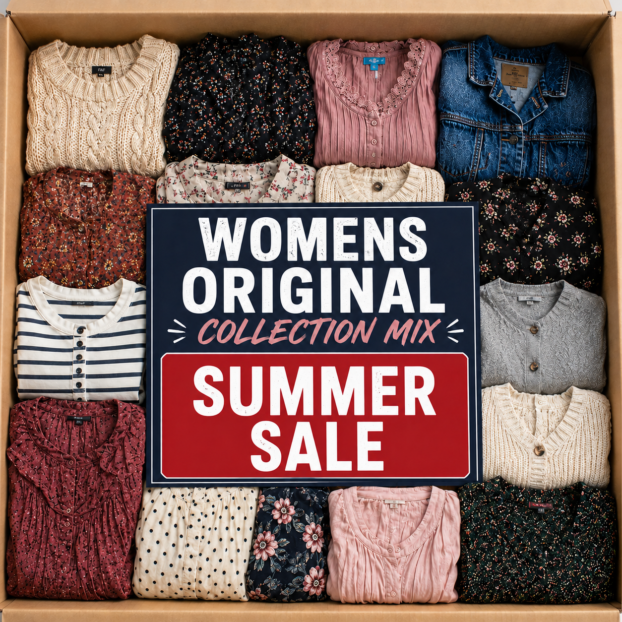 A cardboard box filled with neatly folded women's clothing, featuring a large central sign that reads 'WOMENS ORIGINAL COLLECTION MIX SUMMER SALE' over a variety of knit tops, floral prints, and denim.