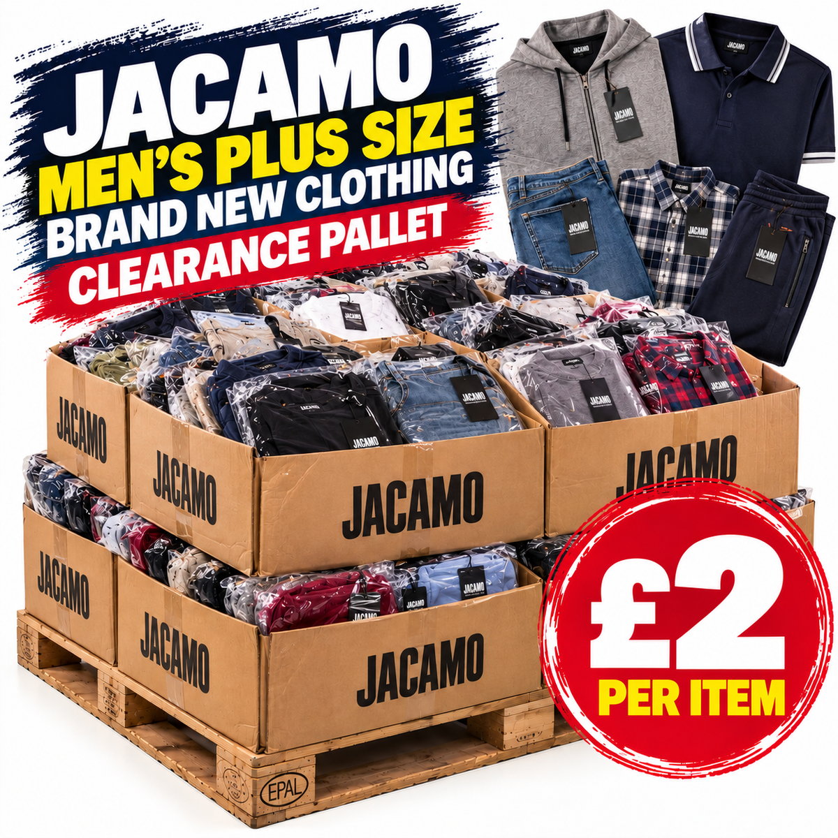 A promotional graphic for a Jacamo men's plus-size clothing pallet. The image shows multiple cardboard boxes stacked on wooden pallets filled with packaged clothing, alongside a few styled garments (hoodie, polo, shirt, trousers) and large promotional text overlays reading 'JACAMO MEN'S PLUS SIZE BRAND NEW CLOTHING CLEARANCE PALLET' and '£2 PER ITEM'.