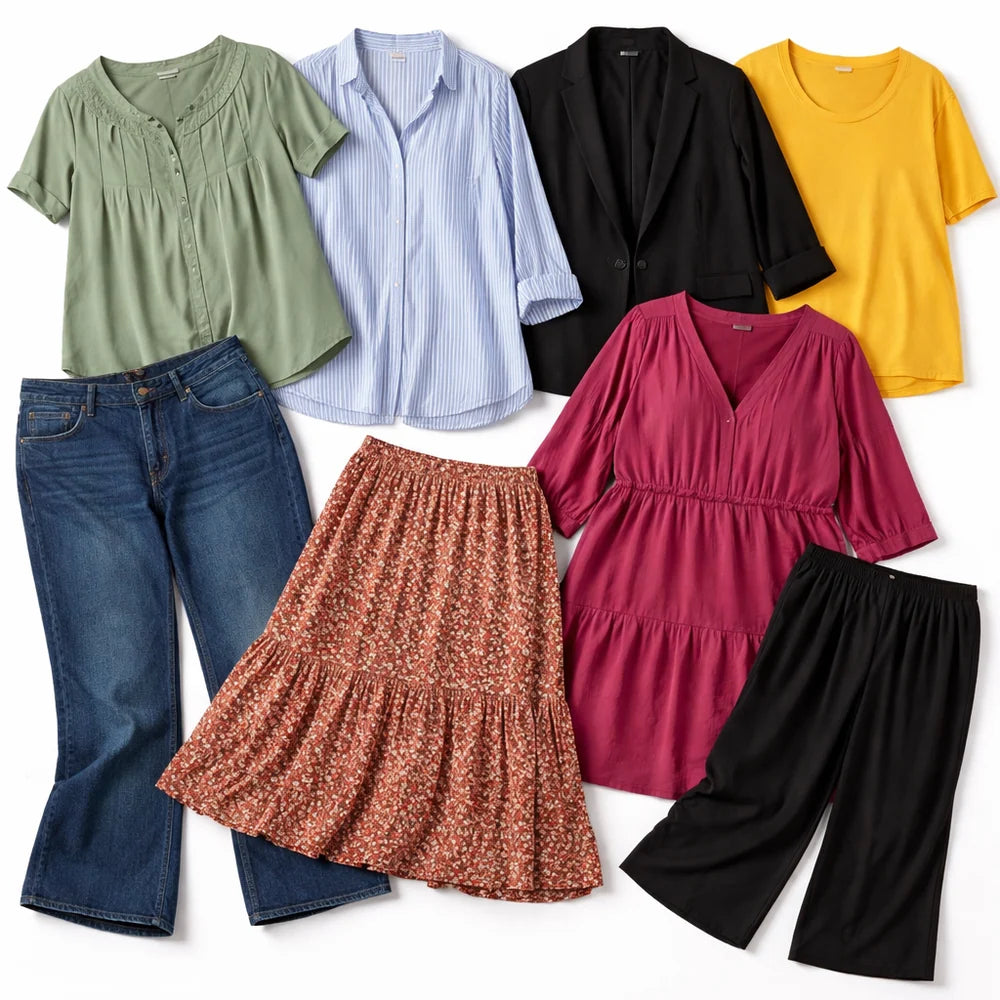 Collection of clothing items including shirts, pants, and a skirt on a white background