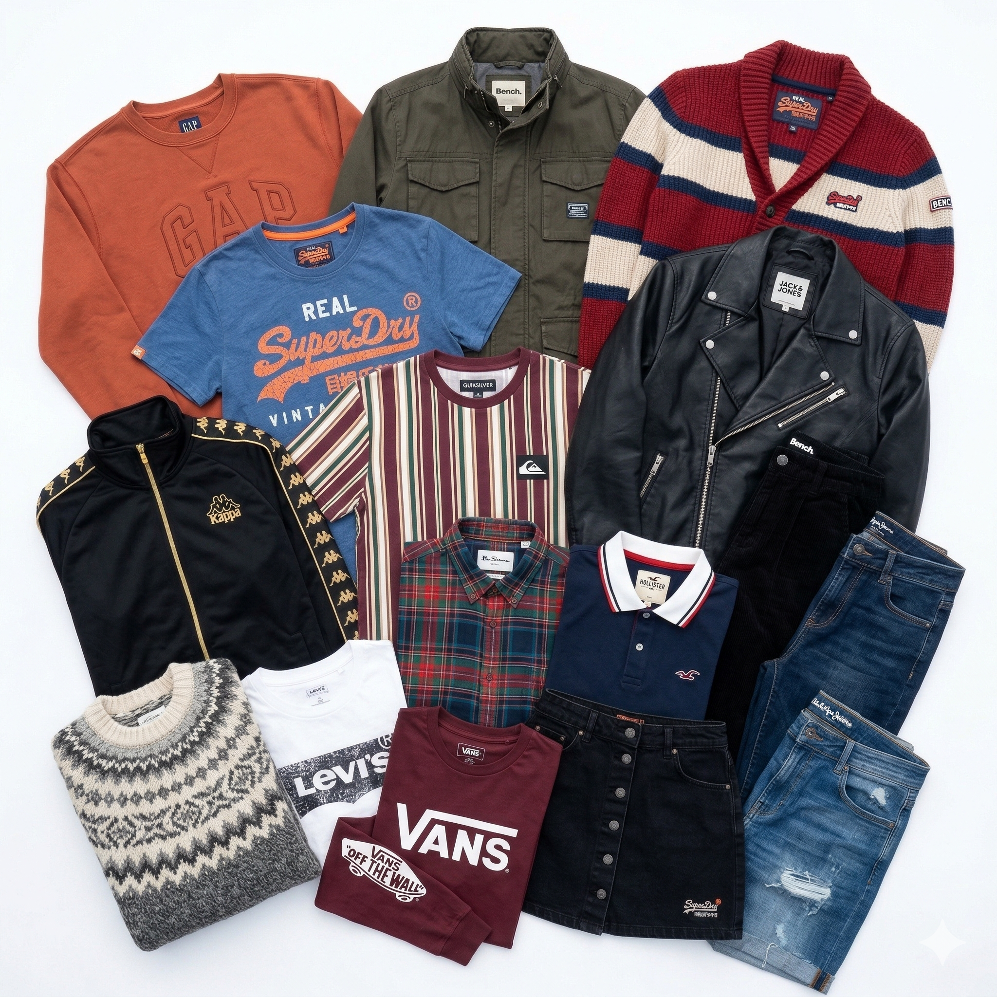 Wholesale second hand clothing mix, assorted styles, UK high street brands, pre-loved garments for resale