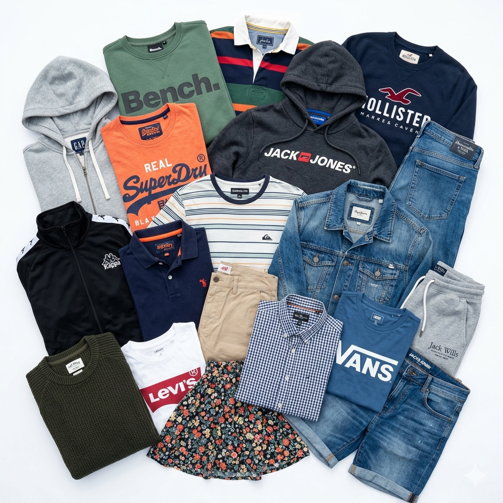 Wholesale second hand clothing mix, assorted styles, UK high street brands, pre-loved garments for resale