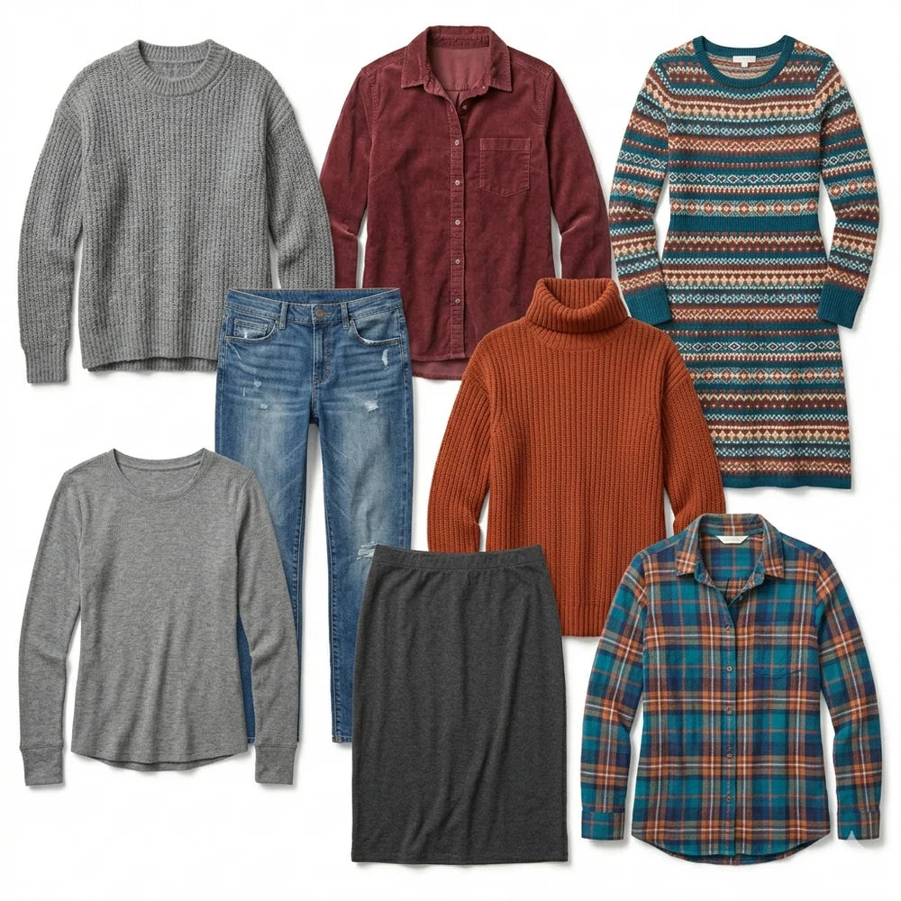 Collection of various clothing items including shirts, sweaters, and jeans on a white background