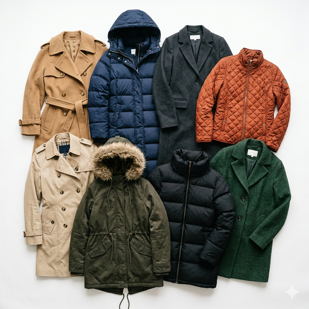 Collection of various winter jackets on a white background