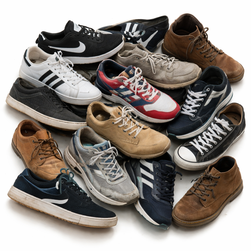 Wholesale second hand footwear mix, assorted styles, UK high street brands, pre-loved trainers for resale