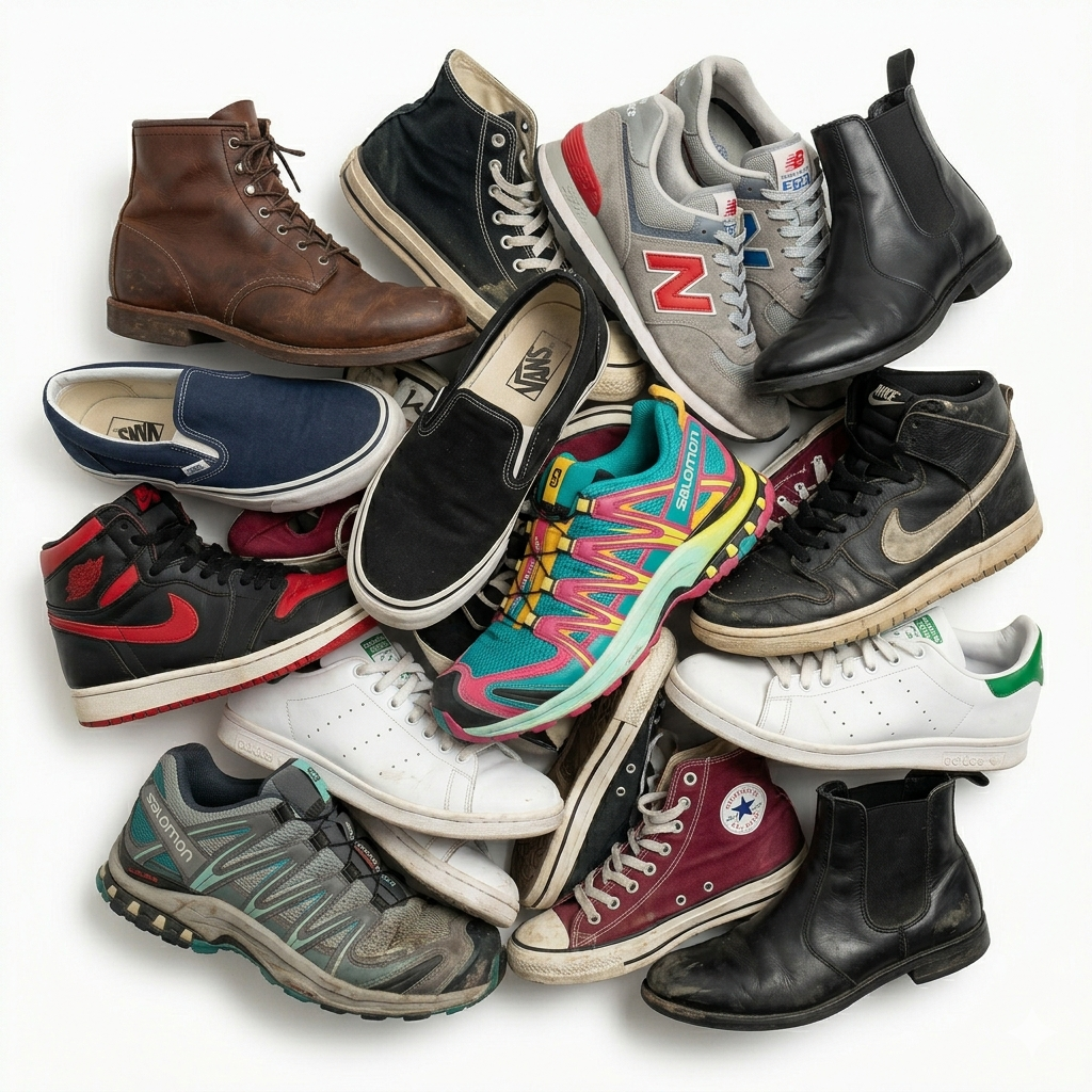 Wholesale second hand footwear mix, assorted styles, UK high street brands, pre-loved trainers for resale
