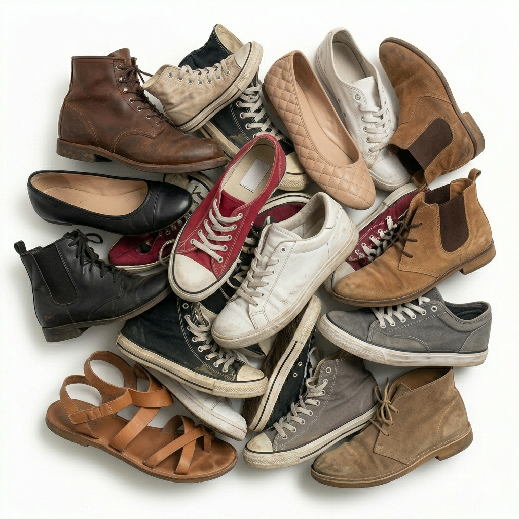 Unsorted used shoes wholesale for resellers. Mixed grade footwear bulk with some wastage