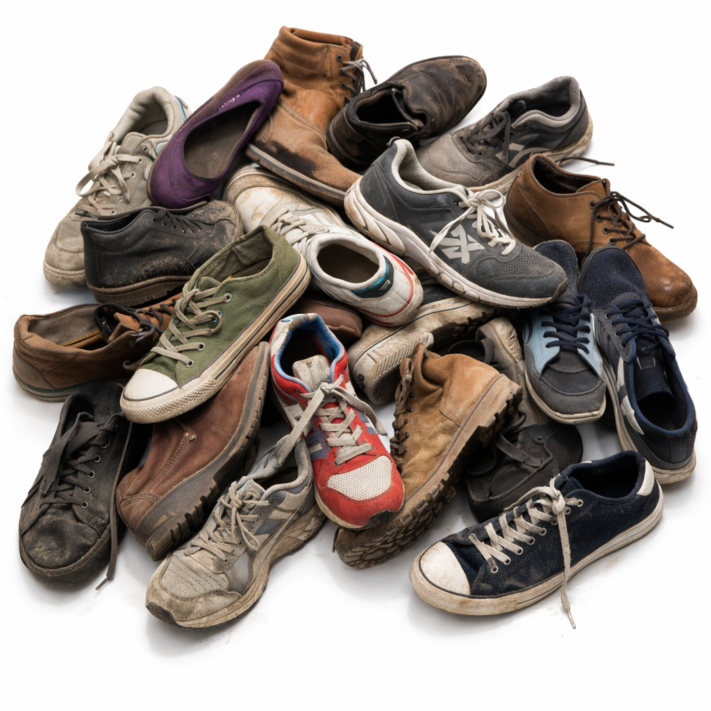 Unsorted used shoes wholesale for resellers. Mixed grade footwear bulk with some wastage
