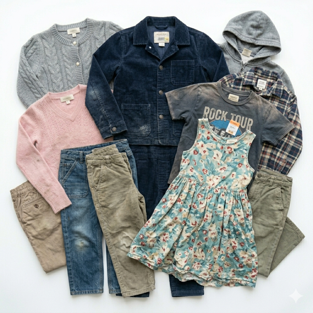 Wholesale second hand Kids clothing mix, assorted styles, UK high street brands, pre-loved garments for resale