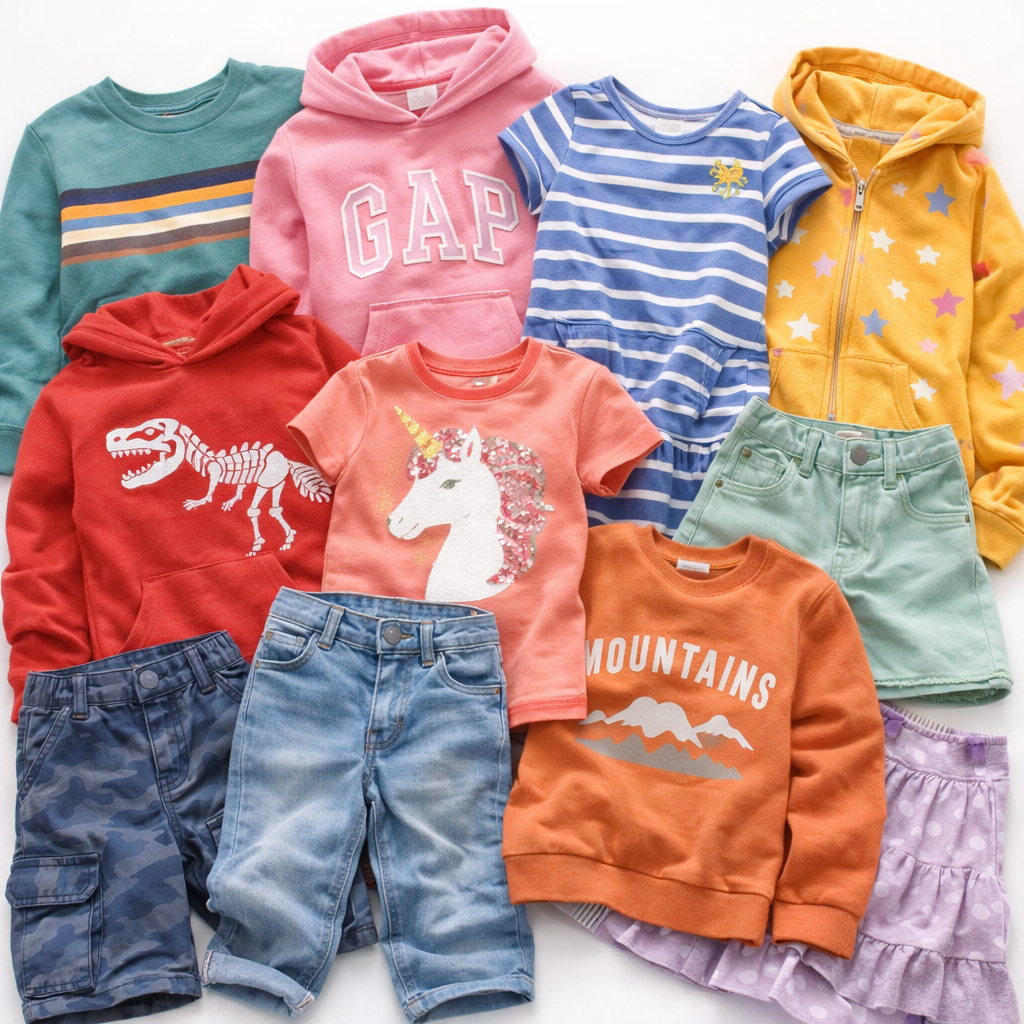 Wholesale second hand Kids clothing mix, assorted styles, UK high street brands, pre-loved garments for resale