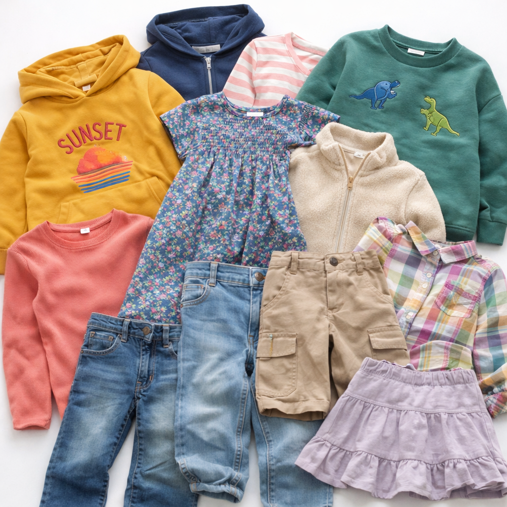 Wholesale second hand Kids clothing mix, assorted styles, UK high street brands, pre-loved garments for resale