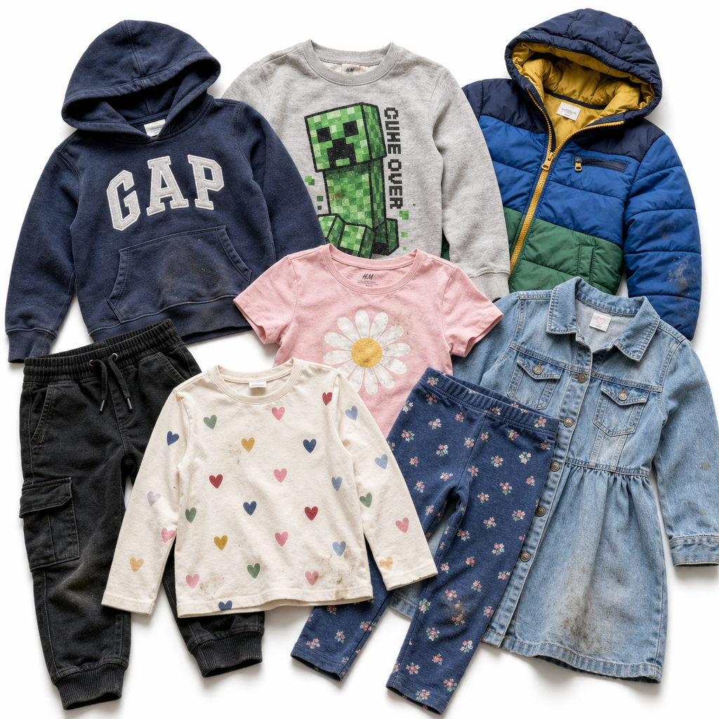 Wholesale second hand Kids clothing mix, assorted styles, UK high street brands, pre-loved garments for resale