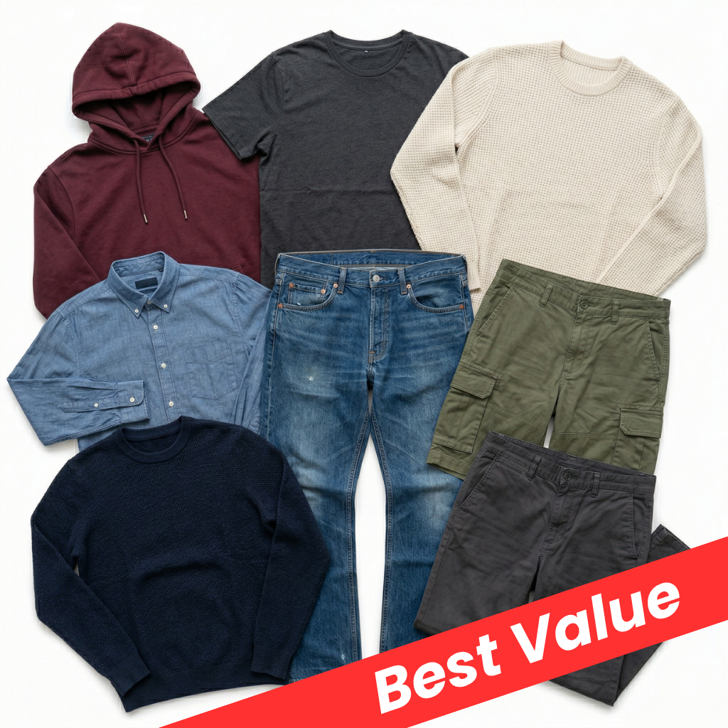 A flat lay of eight different men's clothing items, including a maroon hoodie, dark gray t-shirt, cream knit sweater, light blue button-down shirt, blue jeans, olive green cargo shorts, navy crewneck sweater, and dark gray shorts. A red diagonal banner with the text 'Best Value' is overlaid at the bottom right.