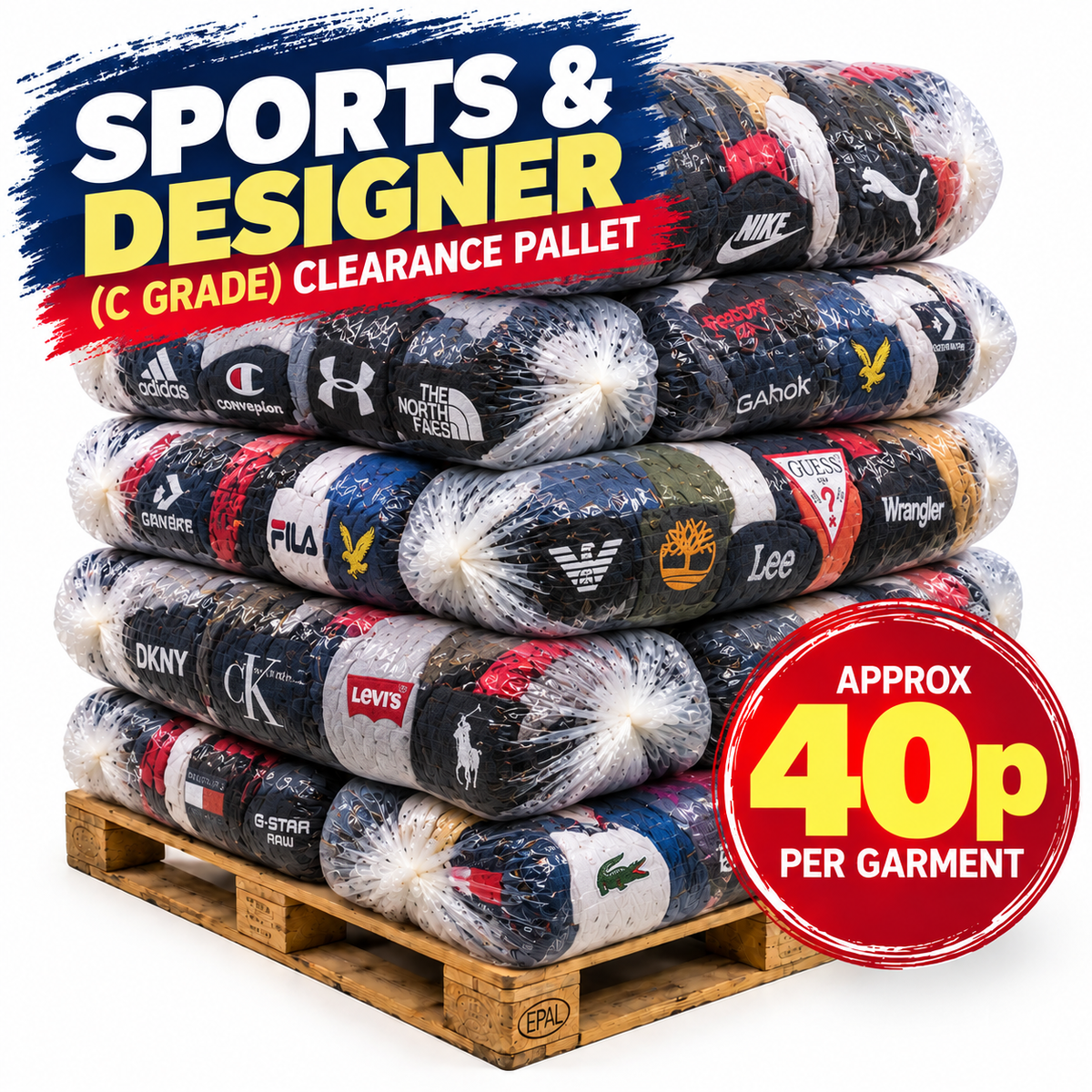 A stacked warehouse pallet filled with shrink-wrapped bags of clothing from many sportswear brands, including Nike, Adidas, Champion, The North Face, Puma, Gabox, Lee, Wrangler, DKNY, CK, Levi's, and Lacoste. Large promotional text reads 'SPORTS & DESIGNER (C GRADE) CLEARANCE PALLET' and a red badge says 'APPROX 40p PER GARMENT.