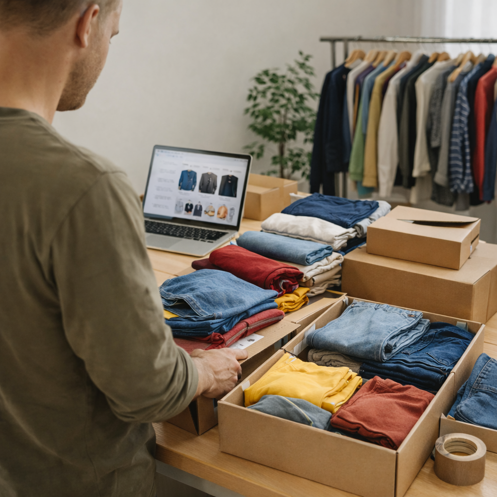Man packing folded clothes into boxes with a laptop displaying an e-commerce website.