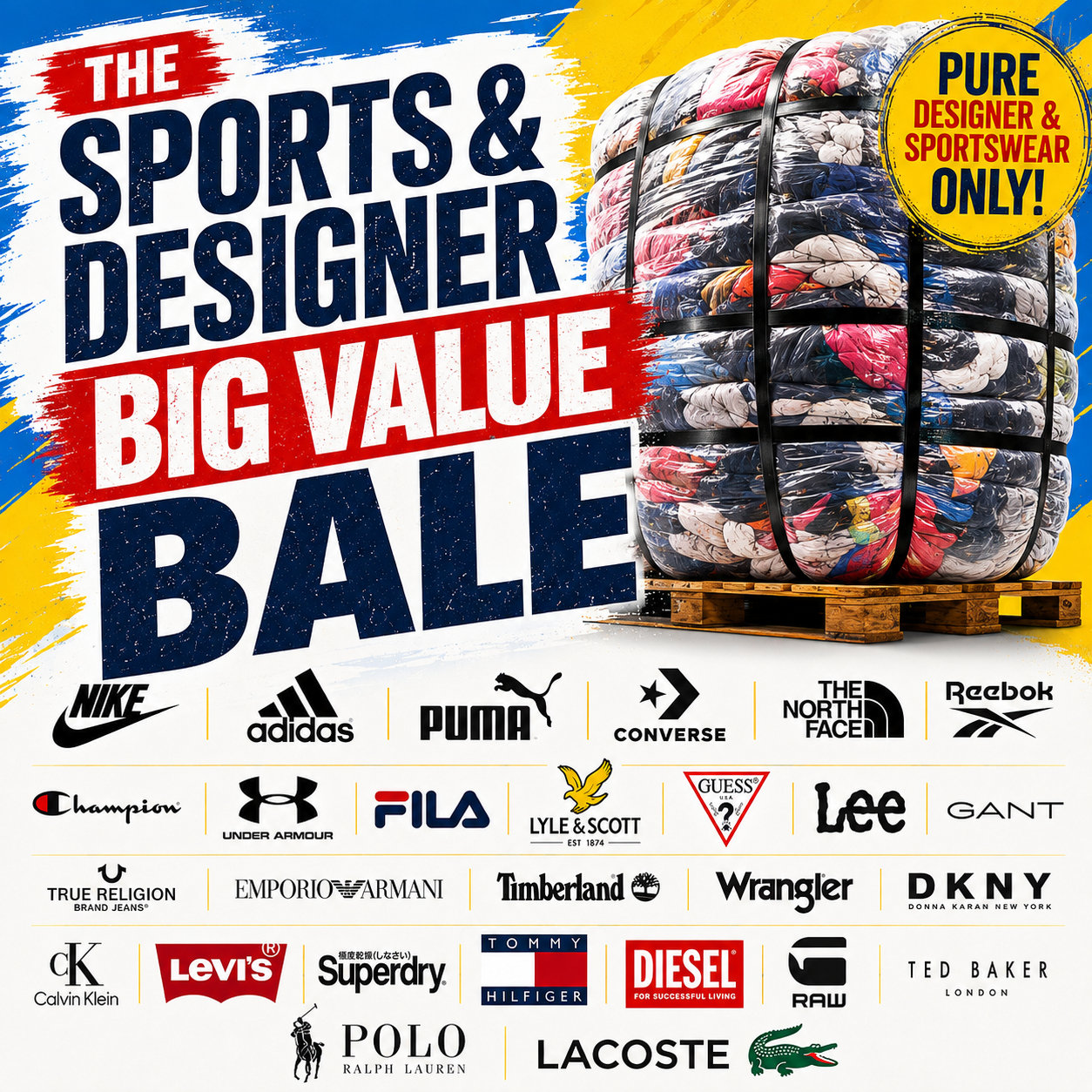 wholesale second-hand sports and designer clothing bale with a varied mix of big-name brands. Great value stock for experienced resellers.