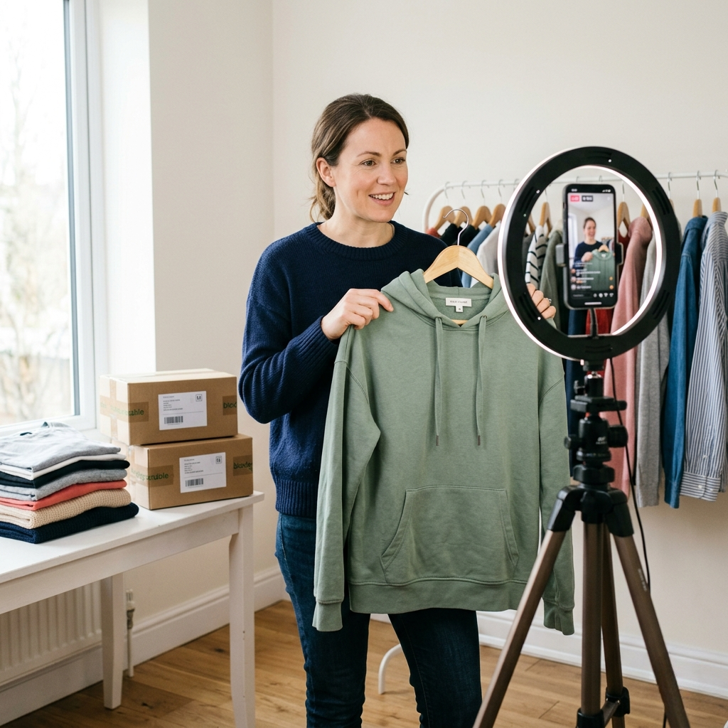 Woman holding a green hoodie in front of a camera on a tripod, likely for a product review or fashion show.