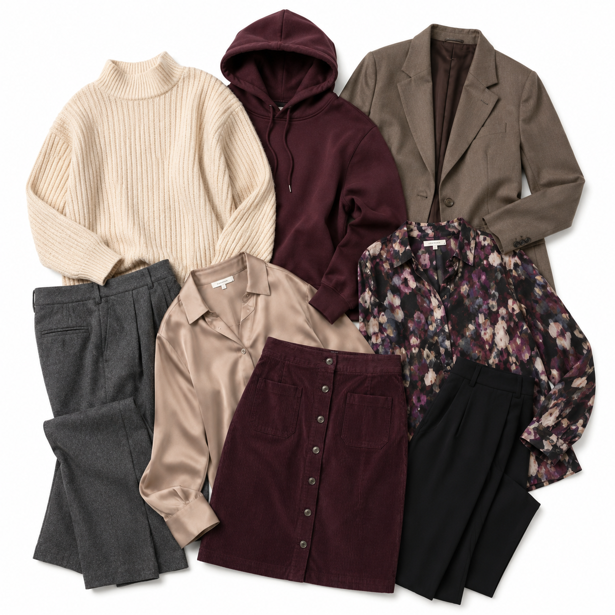 Square flat lay of assorted women’s autumn winter clothing, including hoodies, knitwear, blouses, blazer, skirt and trousers.