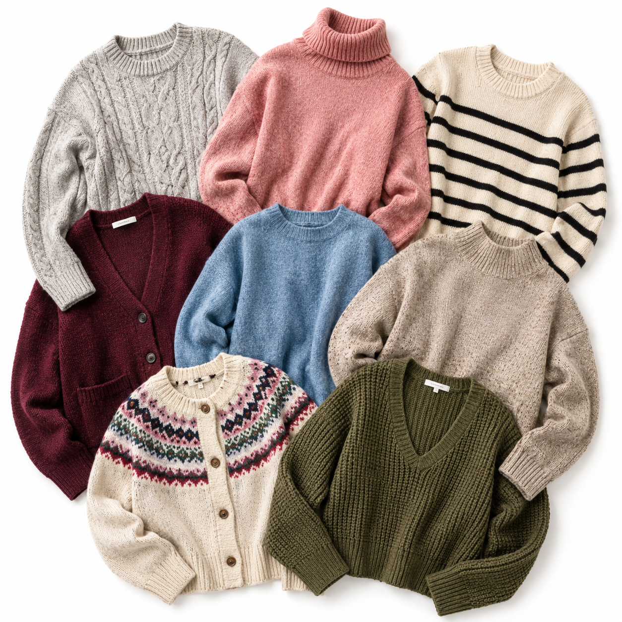 A flat lay of seven different knit sweaters in various colors and patterns, including a gray cable-knit turtleneck, a dusty pink turtleneck, a cream and black striped sweater, a burgundy cardigan, a light blue knit sweater, a beige crewneck sweater, a cream Fair Isle cardigan, an olive green ribbed V-neck sweater, and a pink and navy patterned cardigan.