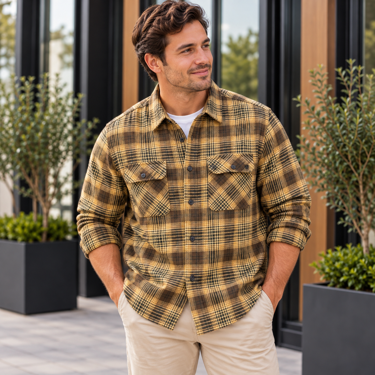 A man wearing a brown and tan plaid flannel shirt over a white undershirt, paired with beige pants, standing in front of a modern building with large windows and potted plants.