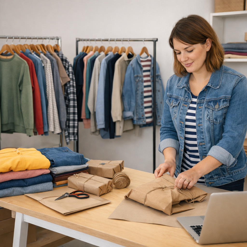 Woman packaging items on a table with clothes in the background