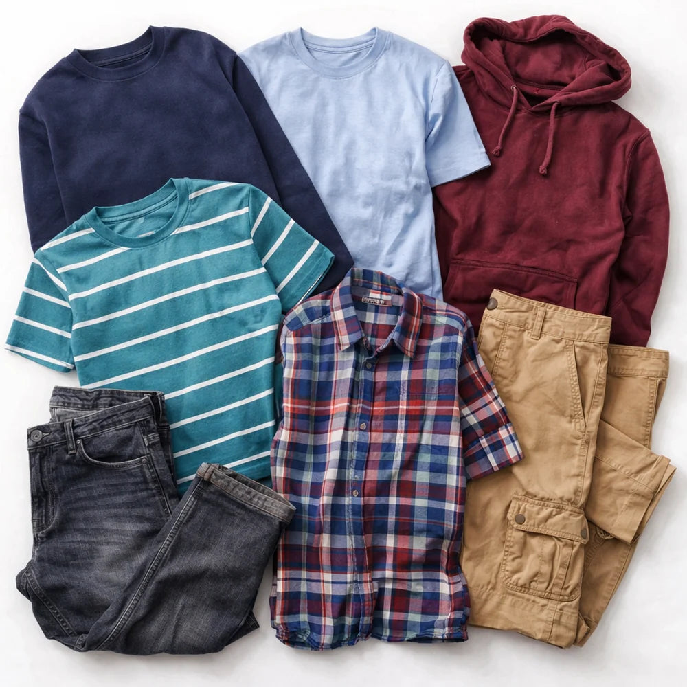 Collection of folded clothing items including shirts, pants, and a hoodie on a white background
