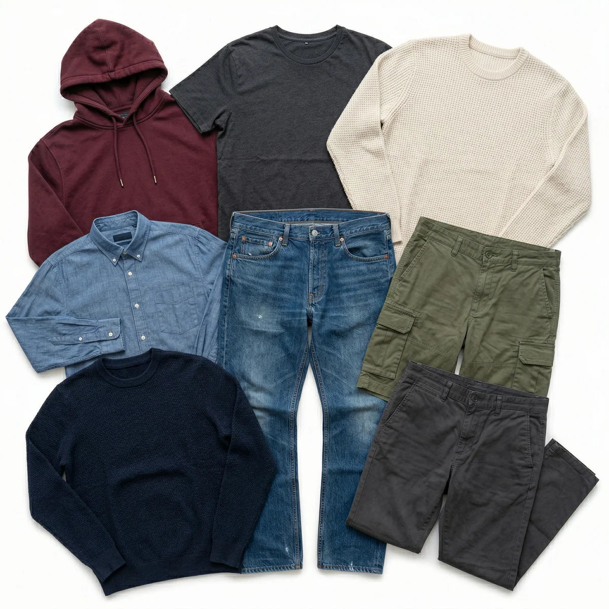 Collection of various clothing items including a hoodie, t-shirt, sweater, button-up shirt, jeans, cargo shorts, and a sweatshirt on a white background.