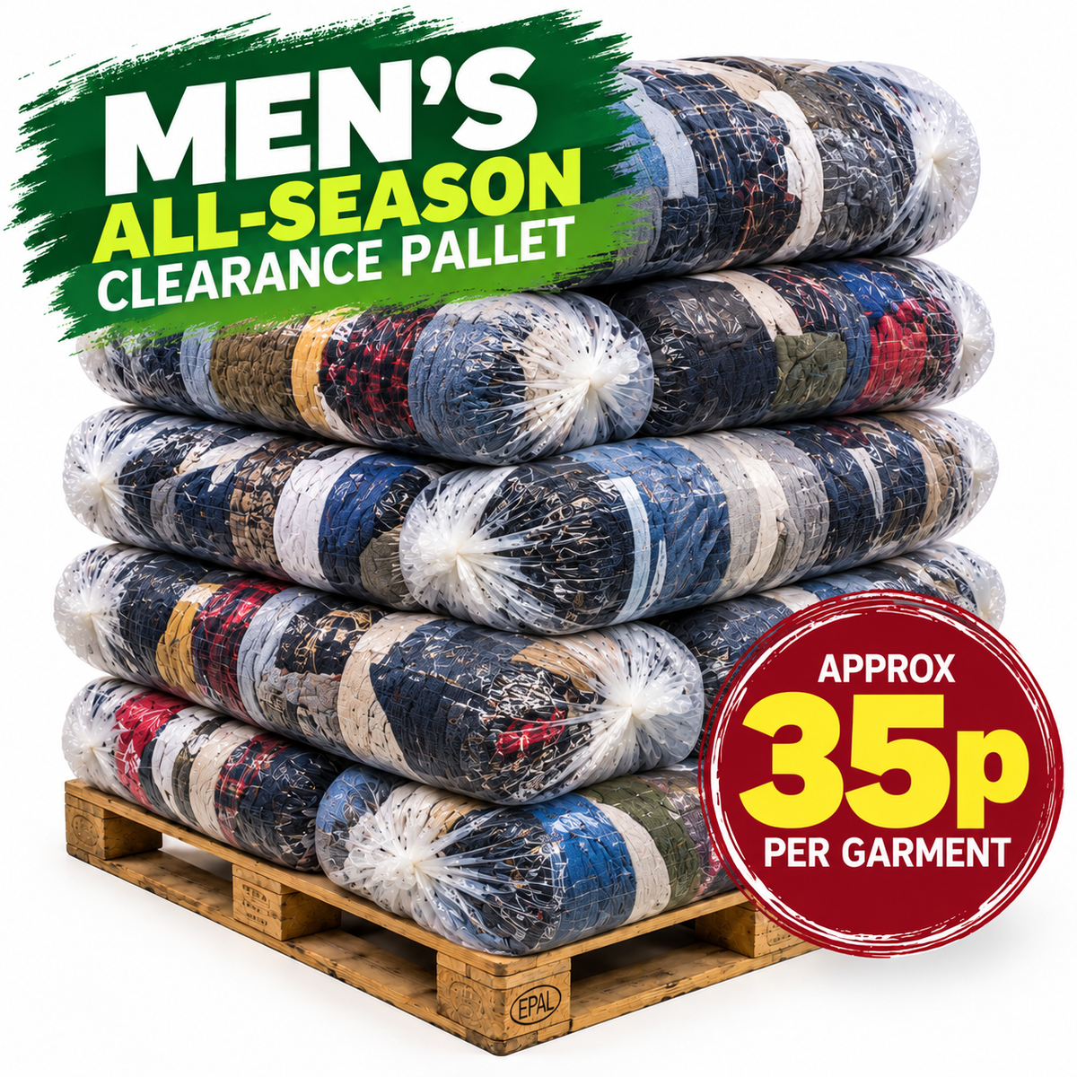 A wooden pallet stacked with multiple clear plastic-wrapped garment bundles in assorted colors, with promotional text reading 'MEN'S ALL-SEASON CLEARANCE PALLET' and a red badge stating 'APPROX 35p PER GARMENT'.