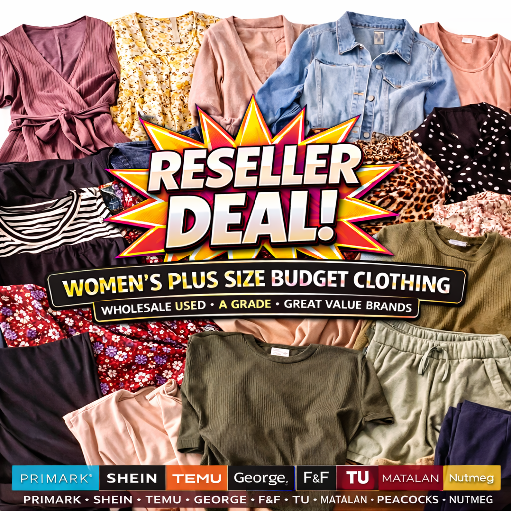 Wholesale Used Women’s Plus Size Budget Clothing – A Grade Typical brands you may find include Primark, Shein, Temu, George, F&F, TU, Matalan, Peacocks, Nutmeg
