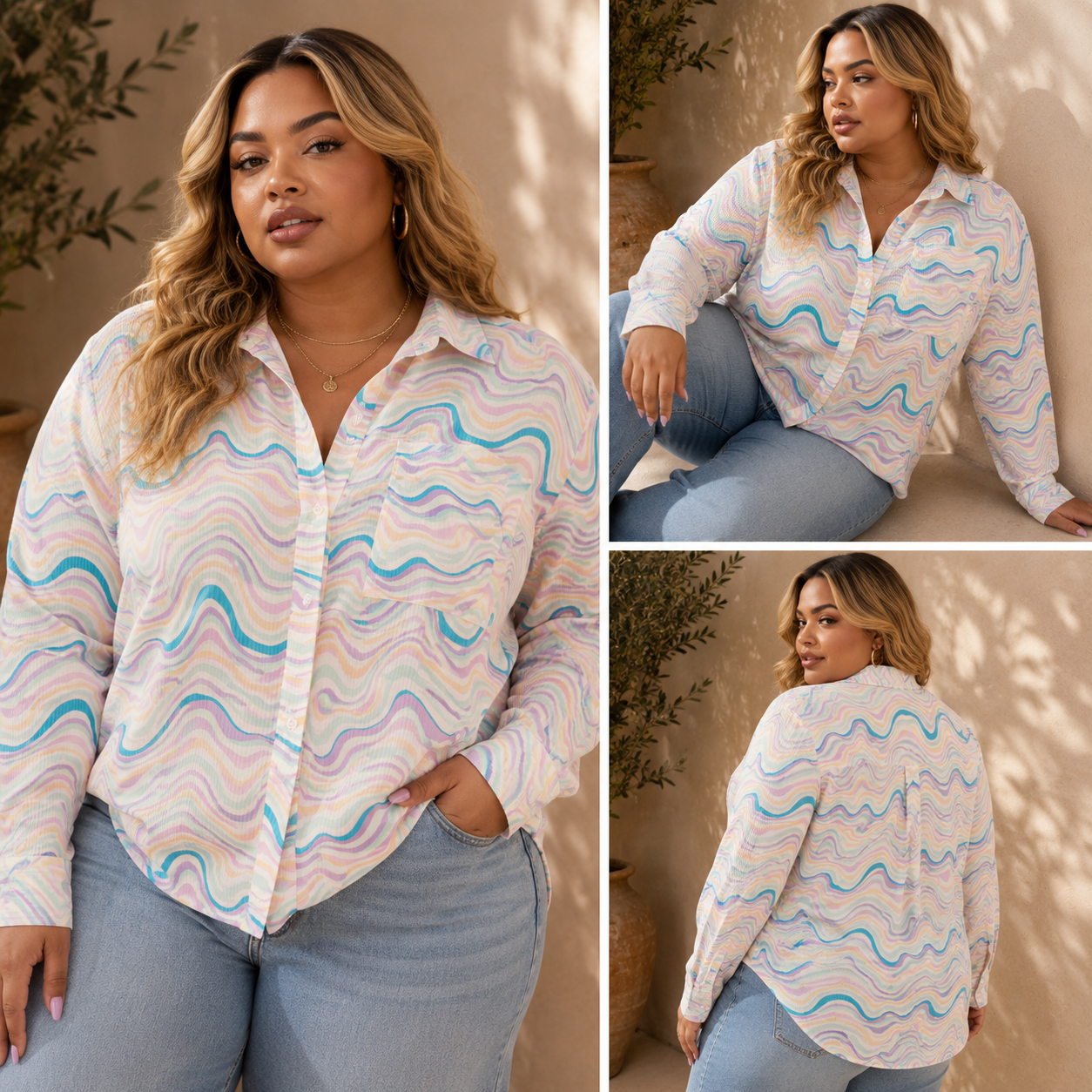 Woman wearing a colorful patterned shirt in a collage format.