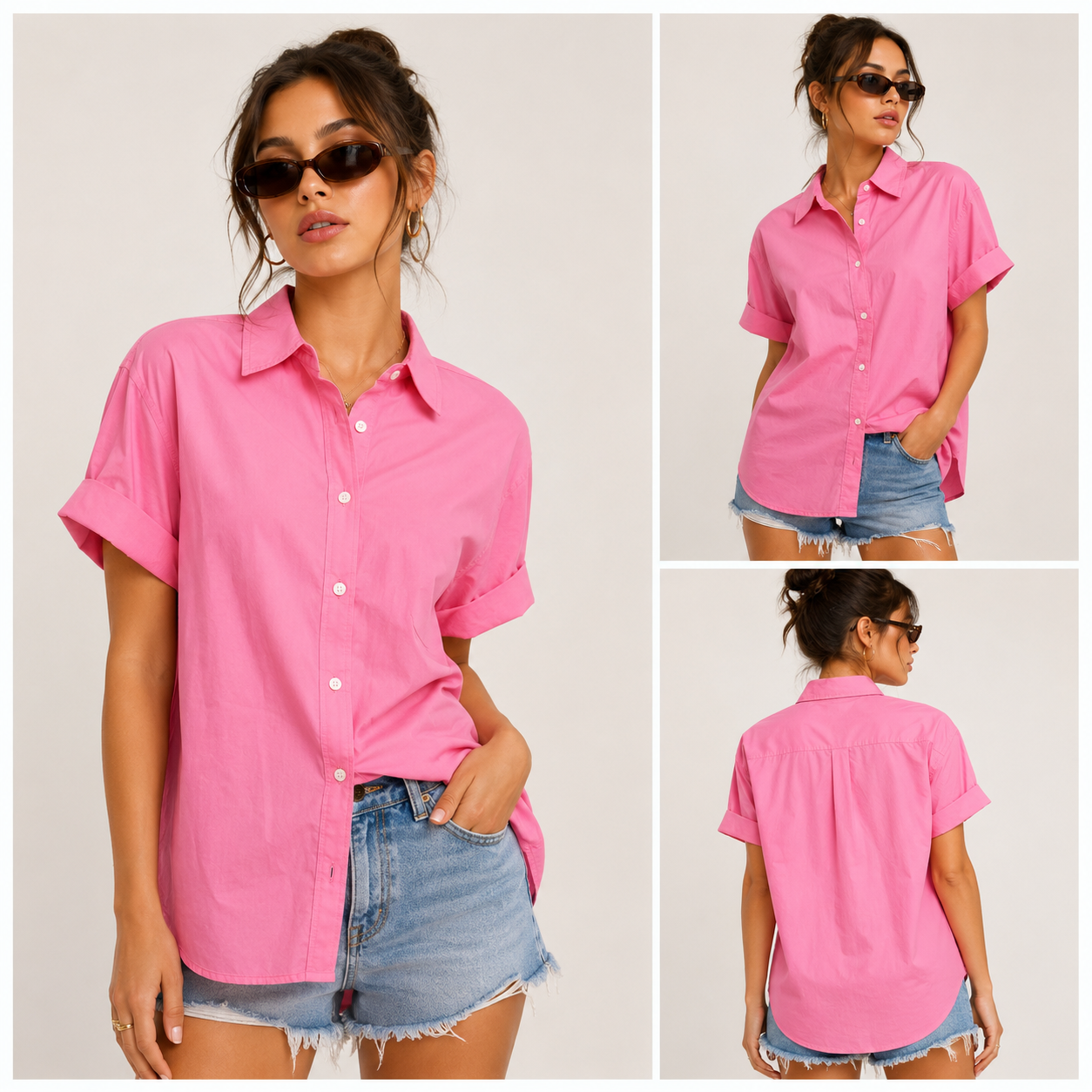 Woman wearing a pink shirt and denim shorts with sunglasses, shown from multiple angles.