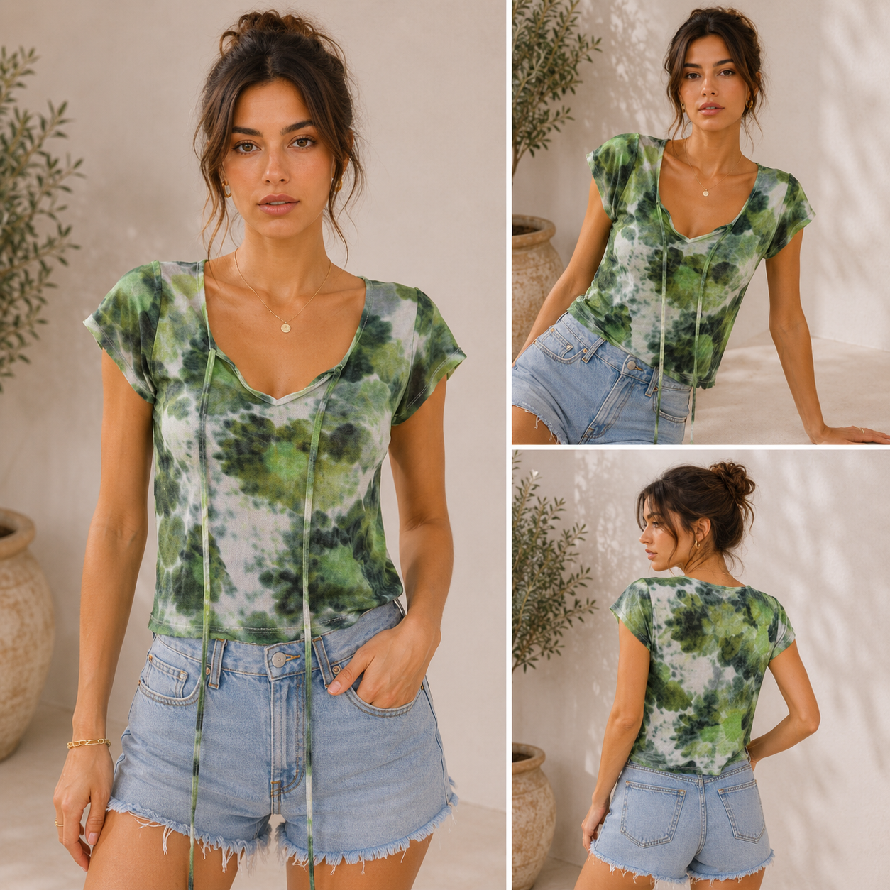 Woman wearing a green tie-dye top and denim shorts in a casual setting.