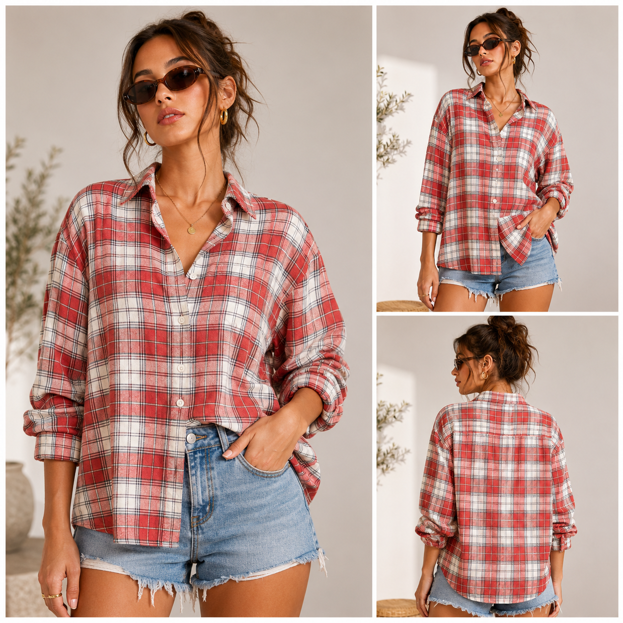 Woman wearing a red plaid shirt and denim shorts in various poses.