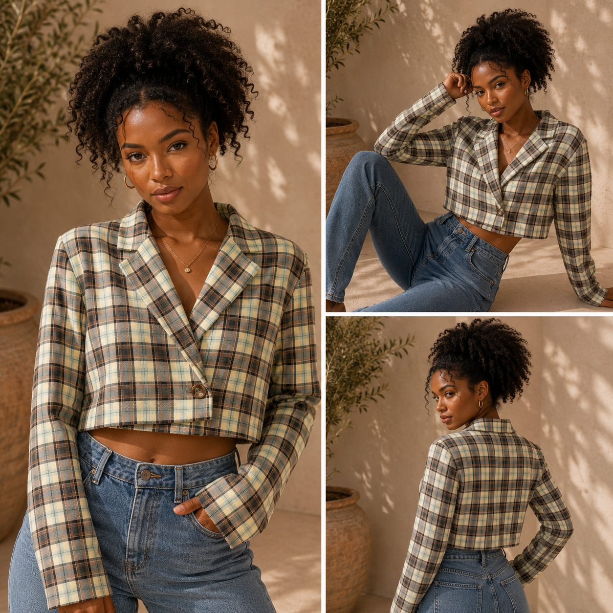 Woman wearing a plaid shirt and jeans in various poses with a neutral background.
