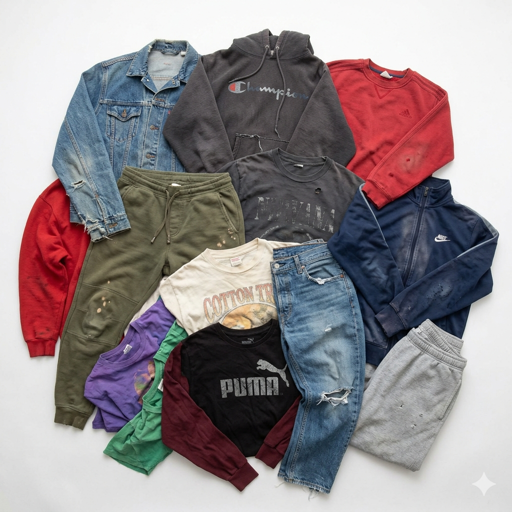 This wholesale C grade clothing bundle contains a mix of branded and sportswear garments sourced from UK collections, intended for rework, repair or upcycling.