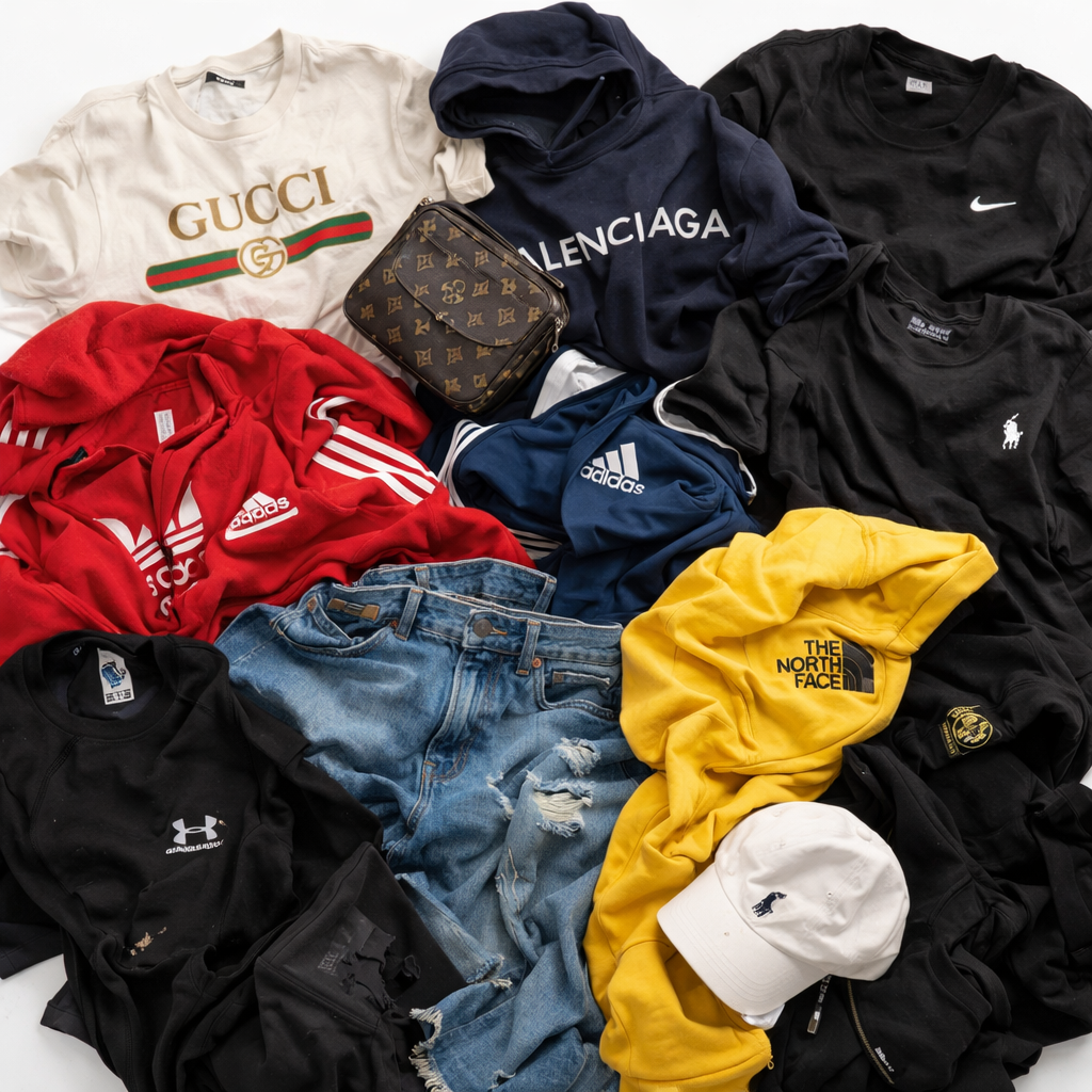 This wholesale C grade clothing bundle contains a mix of branded and sportswear garments sourced from UK collections, intended for rework, repair or upcycling.