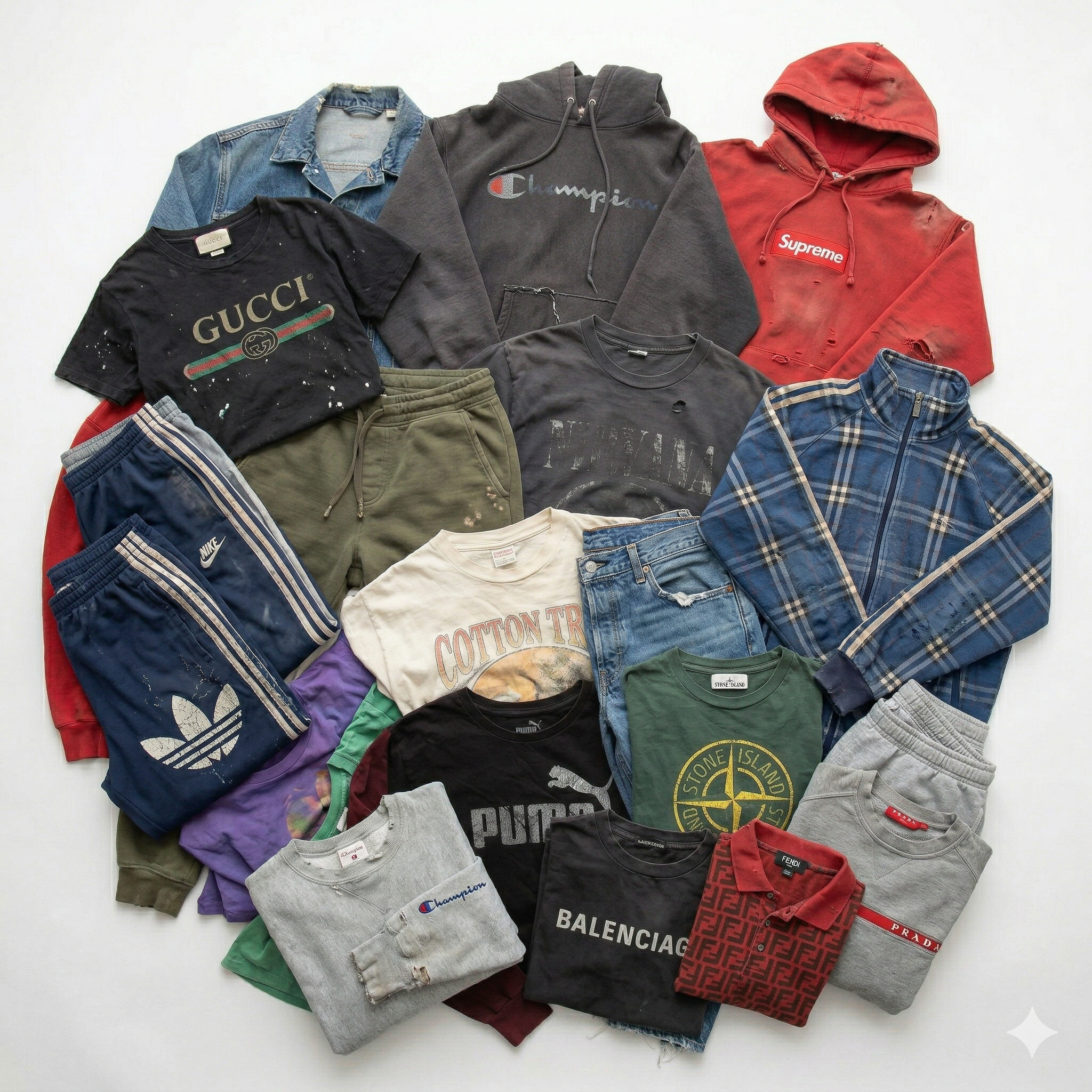 This wholesale C grade clothing bundle contains a mix of branded and sportswear garments sourced from UK collections, intended for rework, repair or upcycling.