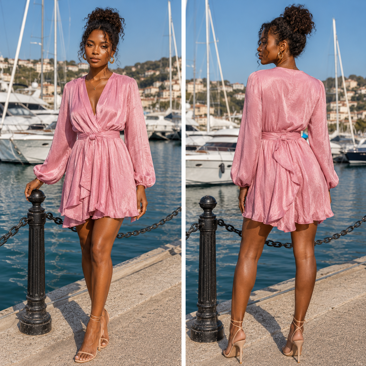 Woman in a pink dress standing by a marina with boats in the background.