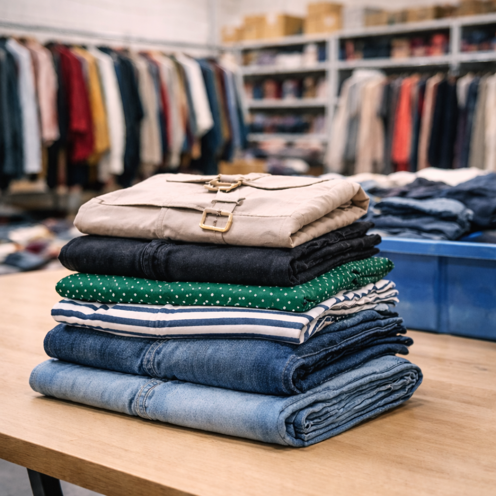Stack of folded jeans on a table with clothing racks in the background