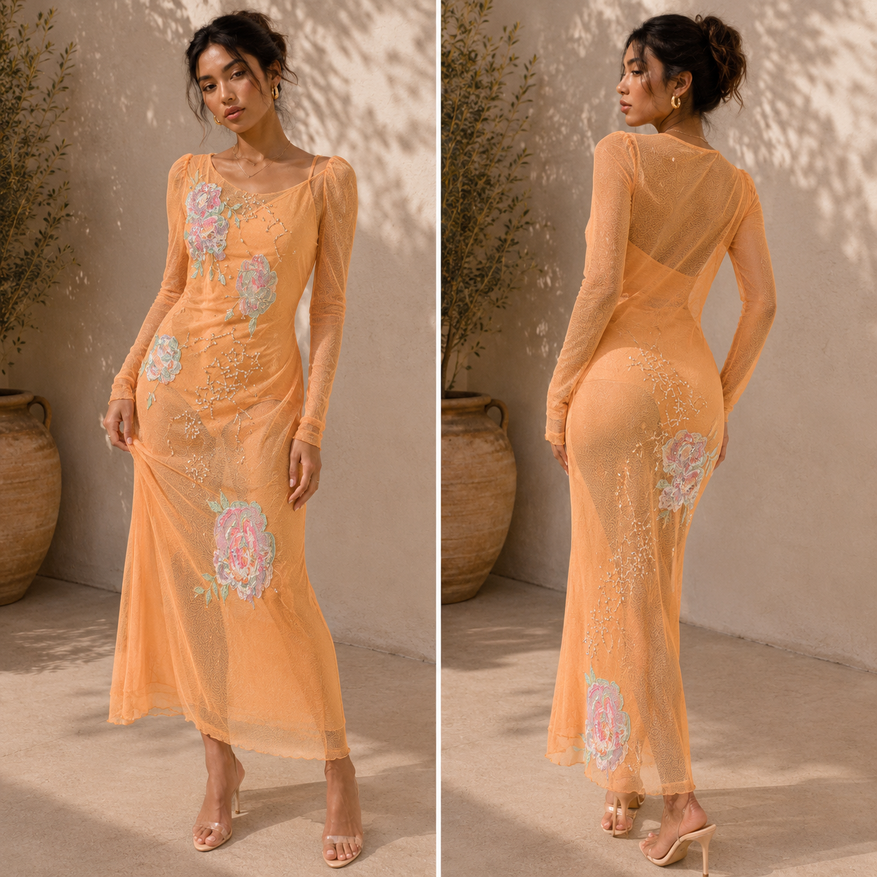 Woman wearing a peach-colored dress with floral embroidery in two different poses against a neutral background.