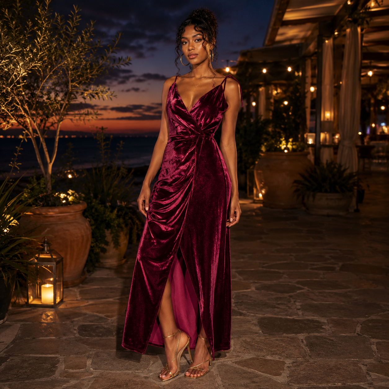 Woman in a purple dress standing outdoors at night with decorative lights and plants.