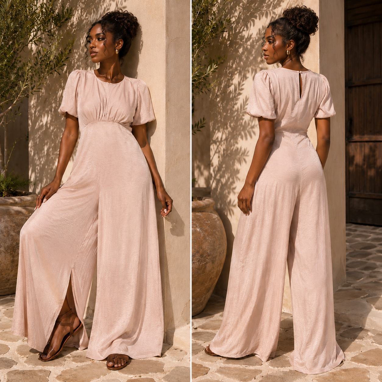 Woman wearing a light pink jumpsuit standing against a neutral wall with plants.