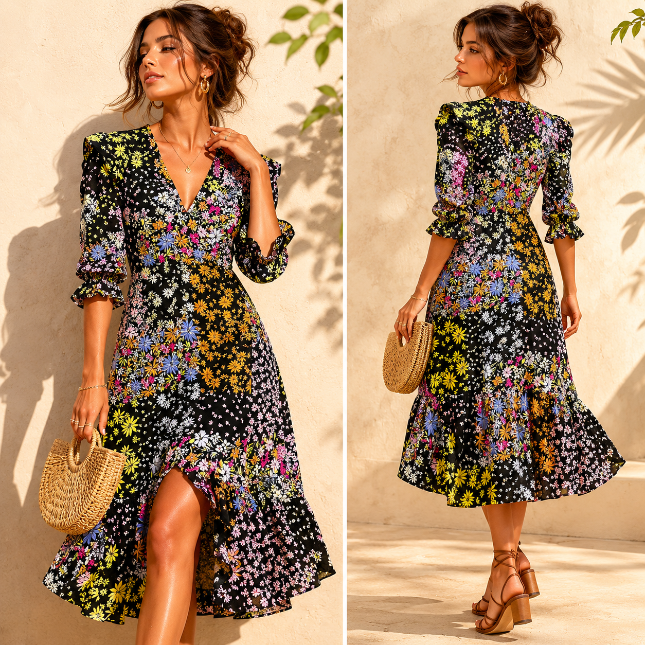Woman wearing a floral dress with a neutral background