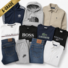 A flat lay of multiple folded apparel items on a white background, including hoodies, zip jackets, T-shirts, jeans, sweatpants, and a polo shirt. Visible brands include Adidas, The North Face, Tommy Hilfiger, Hugo Boss, Lacoste, Reebok, Nike, and Polo Ralph Lauren.