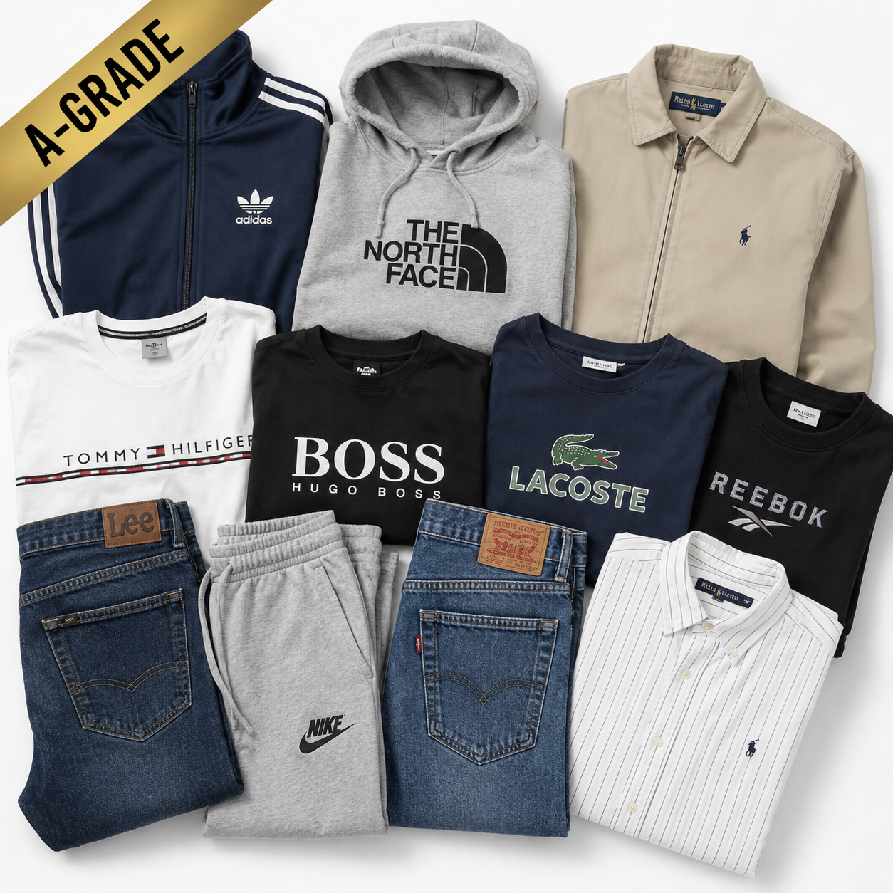 A flat lay of multiple folded apparel items on a white background, including hoodies, zip jackets, T-shirts, jeans, sweatpants, and a polo shirt. Visible brands include Adidas, The North Face, Tommy Hilfiger, Hugo Boss, Lacoste, Reebok, Nike, and Polo Ralph Lauren.