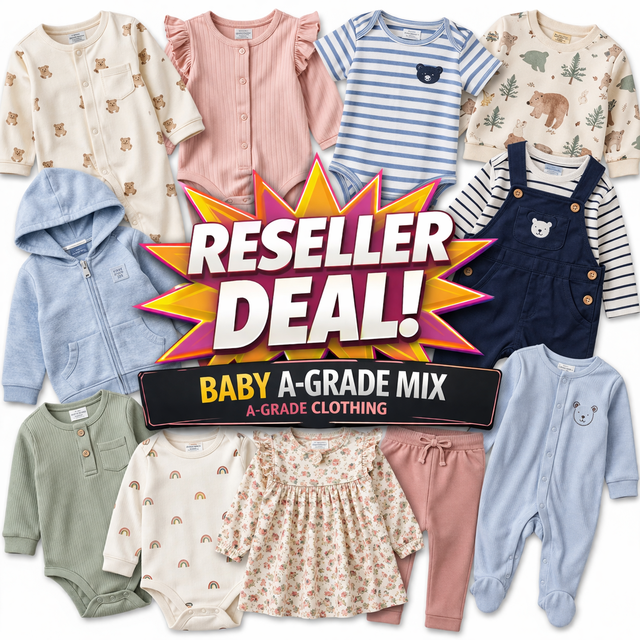 Collection of baby clothes with a 'Reseller Deal' banner in the center.